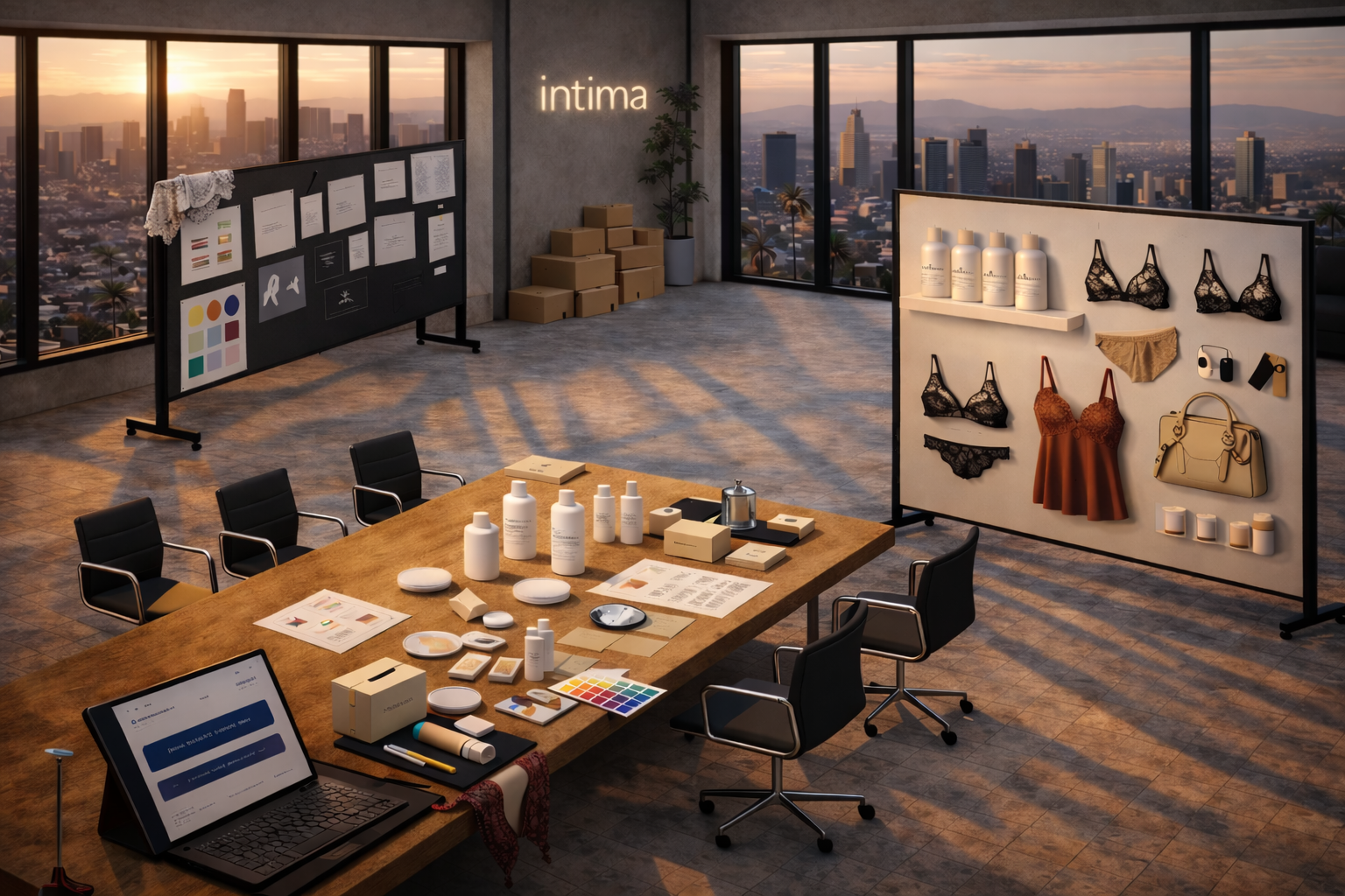 Intima ventures design studio with product development workspace overlooking LA skyline