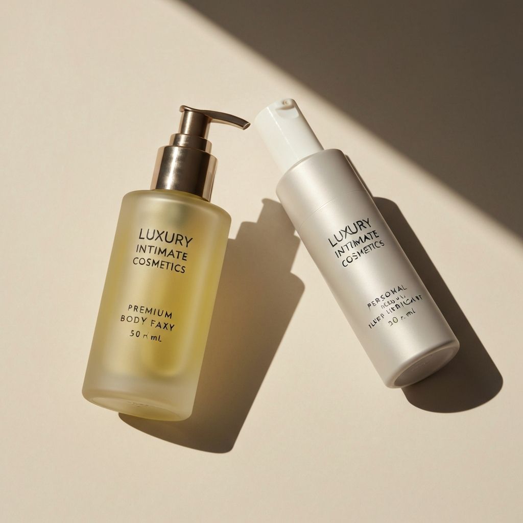 Luxury body oil and personal lubricant bottles in elegant packaging